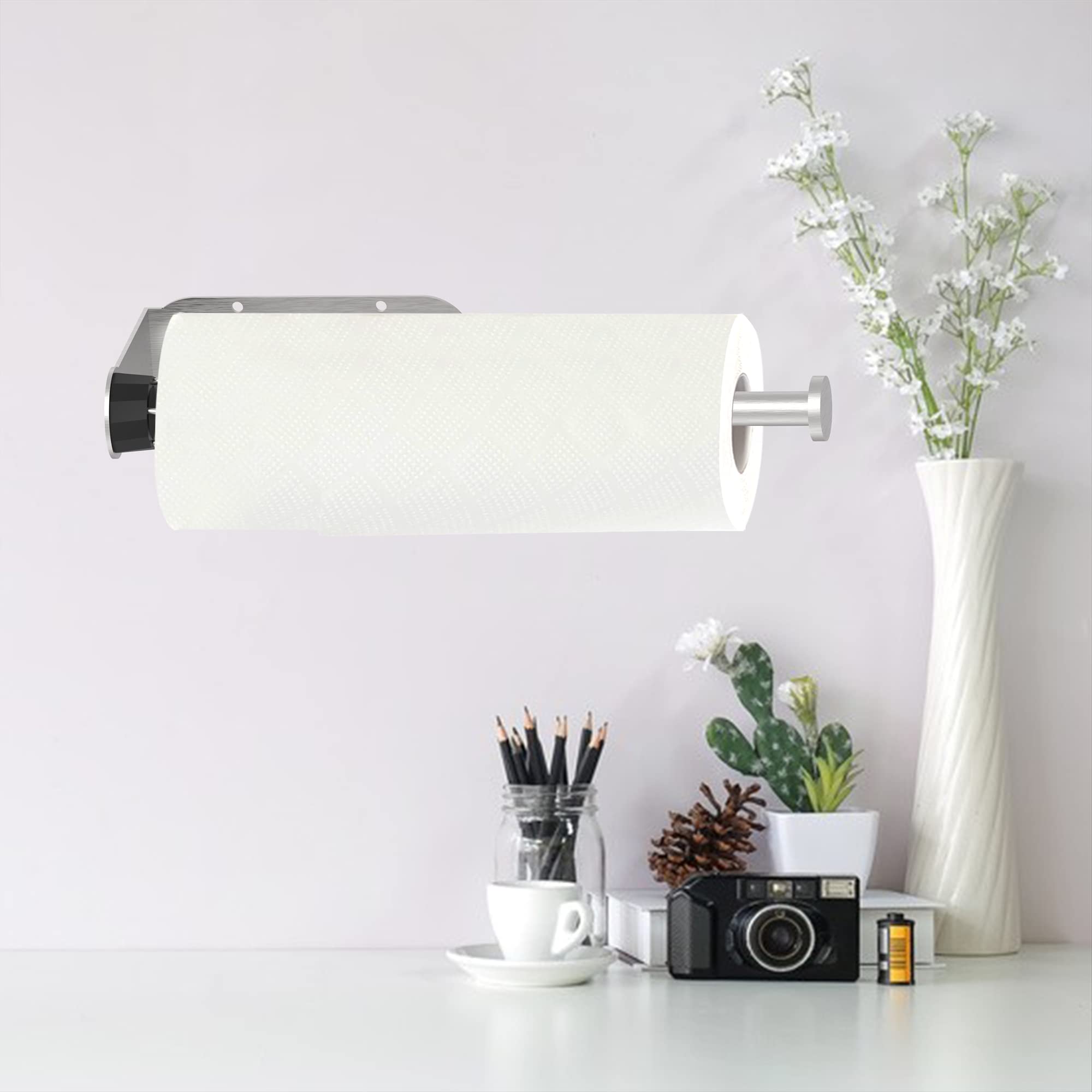 Paper Towel Holder Under Cabinet Brushed Nickel Wall Mount Paper Towel Holder With Damping Single Hand Operable, Under Counter P