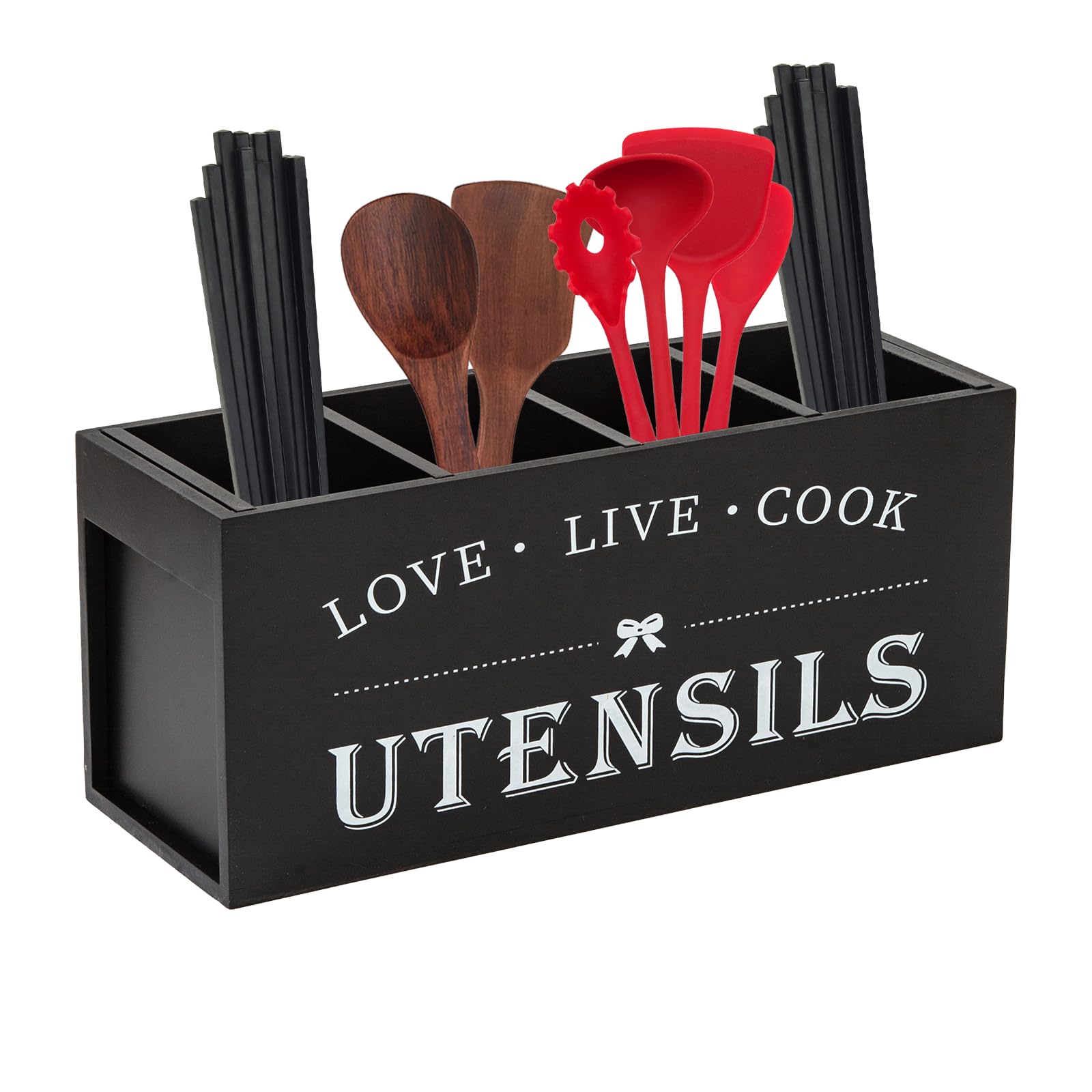 KZIADUIV Wooden Utensil Holder large organizer holder for kitchen Counter with 4 Compartments Extra Large Kitchen Canisters Cook