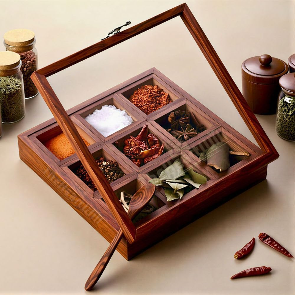Pacific Art & Crafts Sheesham Wooden Spice Box With 2 Spoons | Wooden Masala Box For Kitchen With Removable Partitions | Spice B