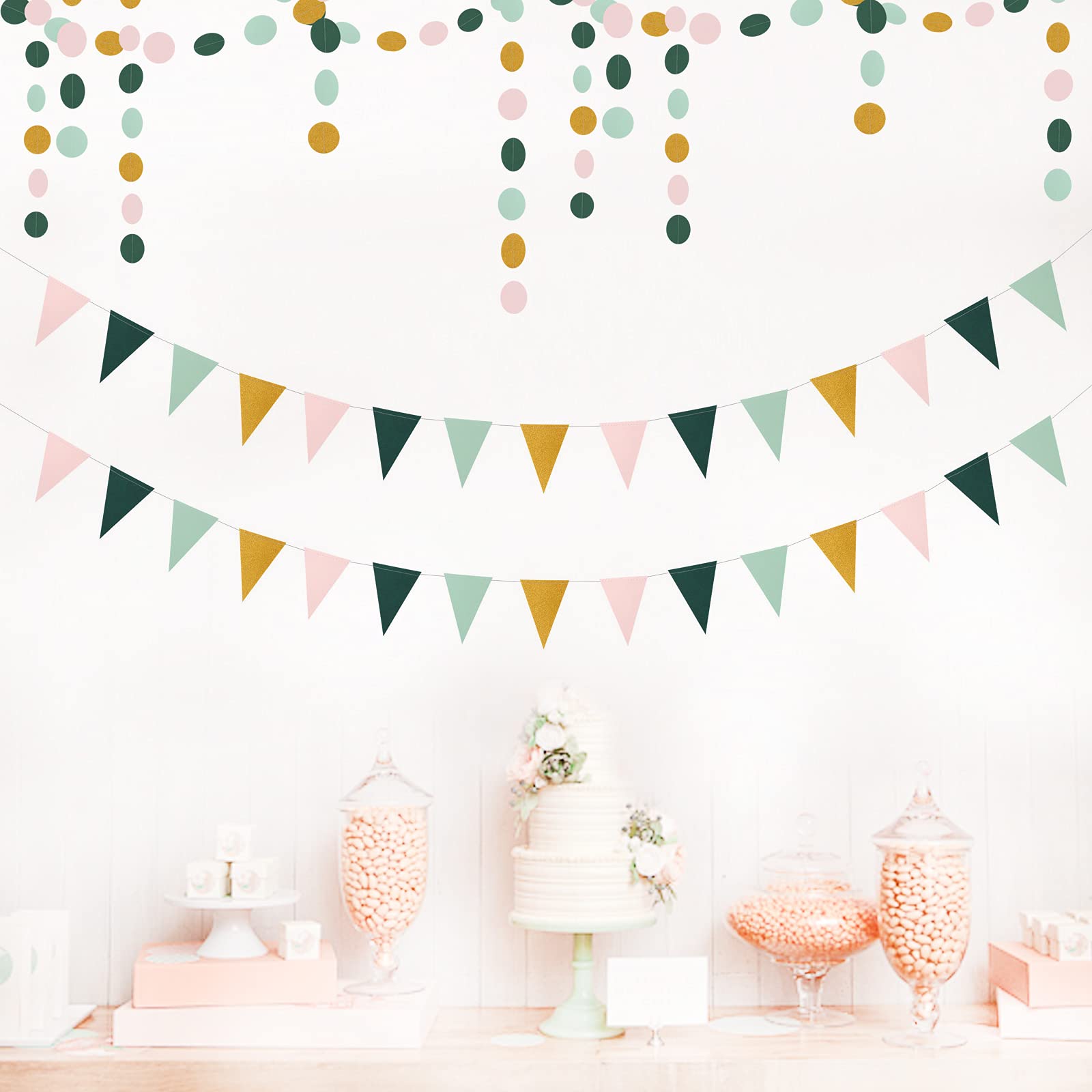 Sage Green Pink Gold Pennant Banner,2 Pack Paper Triangle Flags,Baby Bridal Shower Safari Birthday Tropical Jungle Party Decorat