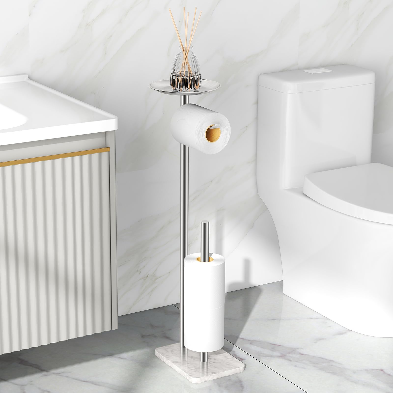 Toilet Paper Holder Free Standing With Marble Base: Stainless Steel Toilet Paper Holder Stand With Top Tray For Candles, Cell Ph