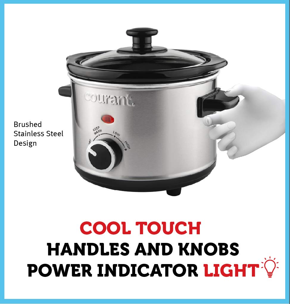 Courant Small Slow Cooker 1.6 QT, 3 Heat Settings, Stainless Steel, Easy Clean, Model CSC-1524ST