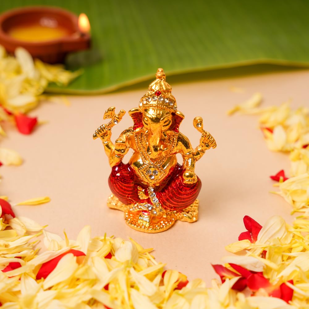 Neetu Arts | Gold-Plated Ganpati Idol | 6.5 Cm Decorative Sitting Lord Ganesha Statue | Car Dashboard Showpiece | Home & Office