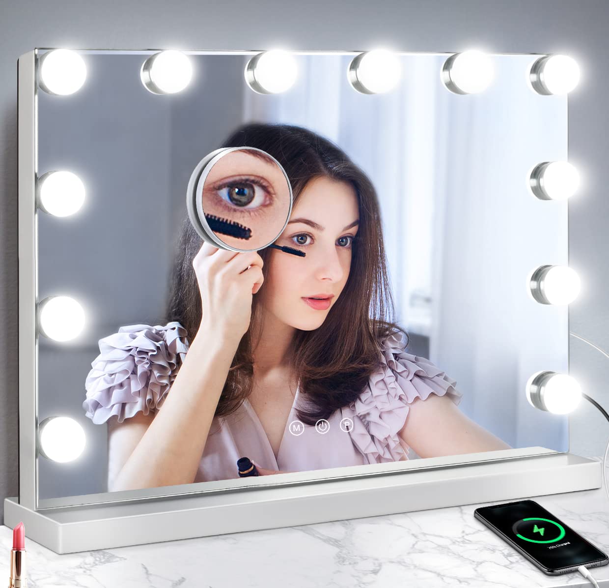 M Mivonda Vanity Mirror With Lights, Lighted Makeup Hollywood Mirror With Dimmable 3 Color Lights Led Bulbs For Desk And Wall, M