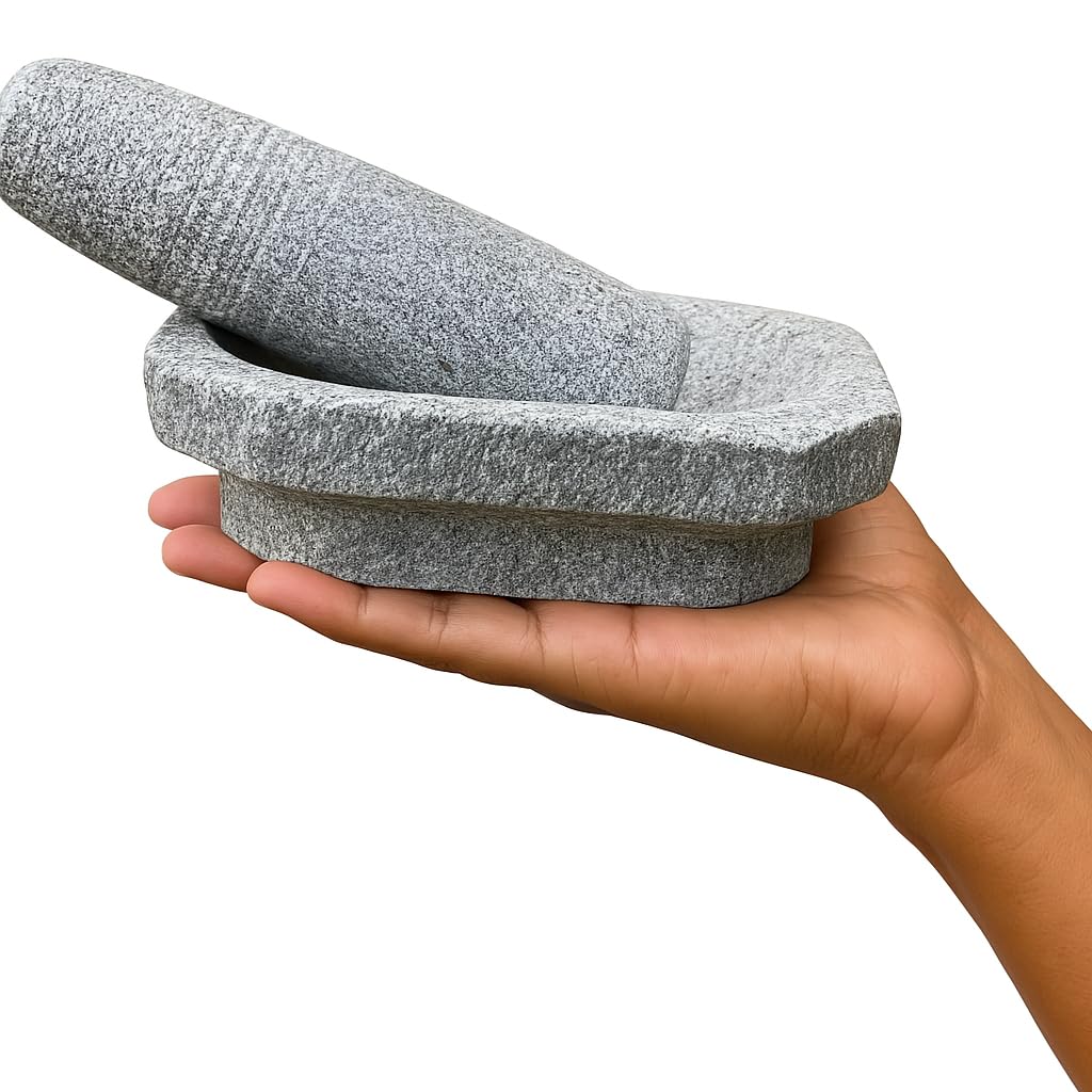 Ezahk Kalvam Stoneware Mortar And Pestle Set,Masher, Khalbatta, Kharal, Musal,For Kitchen, Home, Herbs And Spices (6 Inch Grey,S