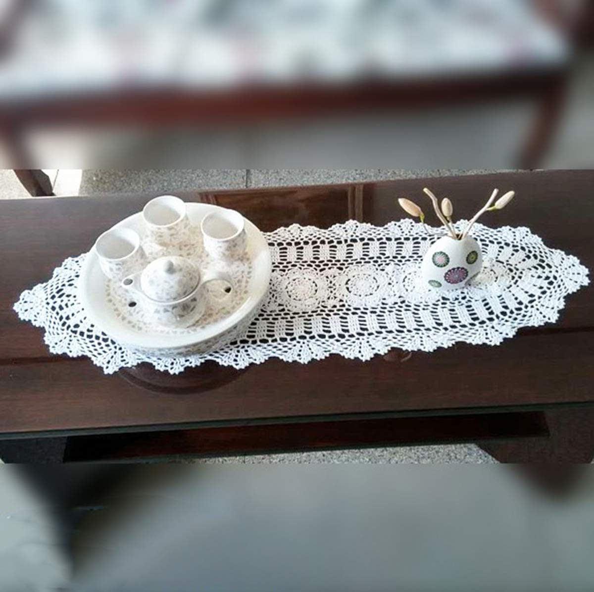 Hetao 12X35 100% Cotton Handmade Crochet Lace Table Runners Oblong Tablecloth Doilies Doily,White