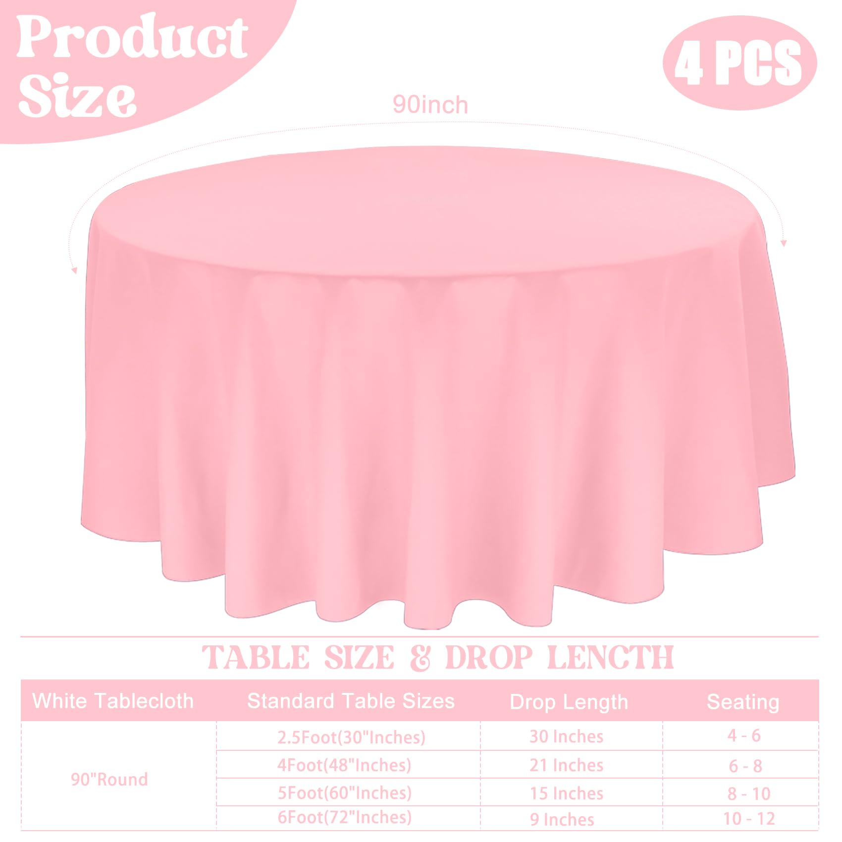 Jalancy 4 Pack Round Tablecloth 90 Inch Polyester Round Table Cloth Pink Tablecloths For Round Tables Washable Fabric Table Cove
