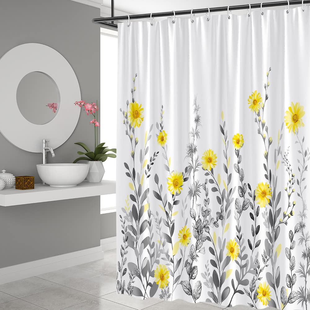 Qwrsmyx Floral Yellow Grey Shower Curtain Daisy Country Flowers Plant Leaf White Background Decor Fabric Bathroom Set With Hook
