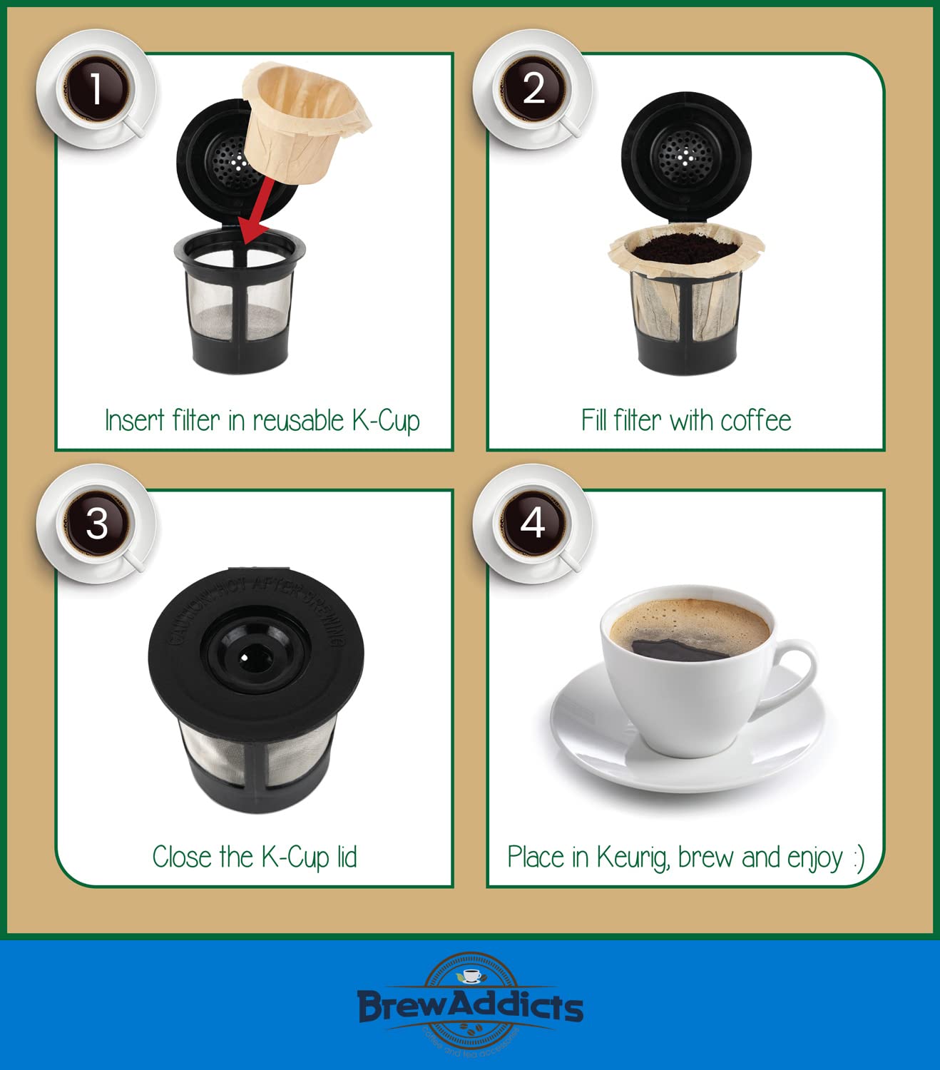 Brew Addicts Disposable Coffee Filters 300 Count  Brown  All-Natural & Unbleached Single-Use Coffee Filter for Reusable K Cups or Coffee Machines  Perfect Size & Quantity