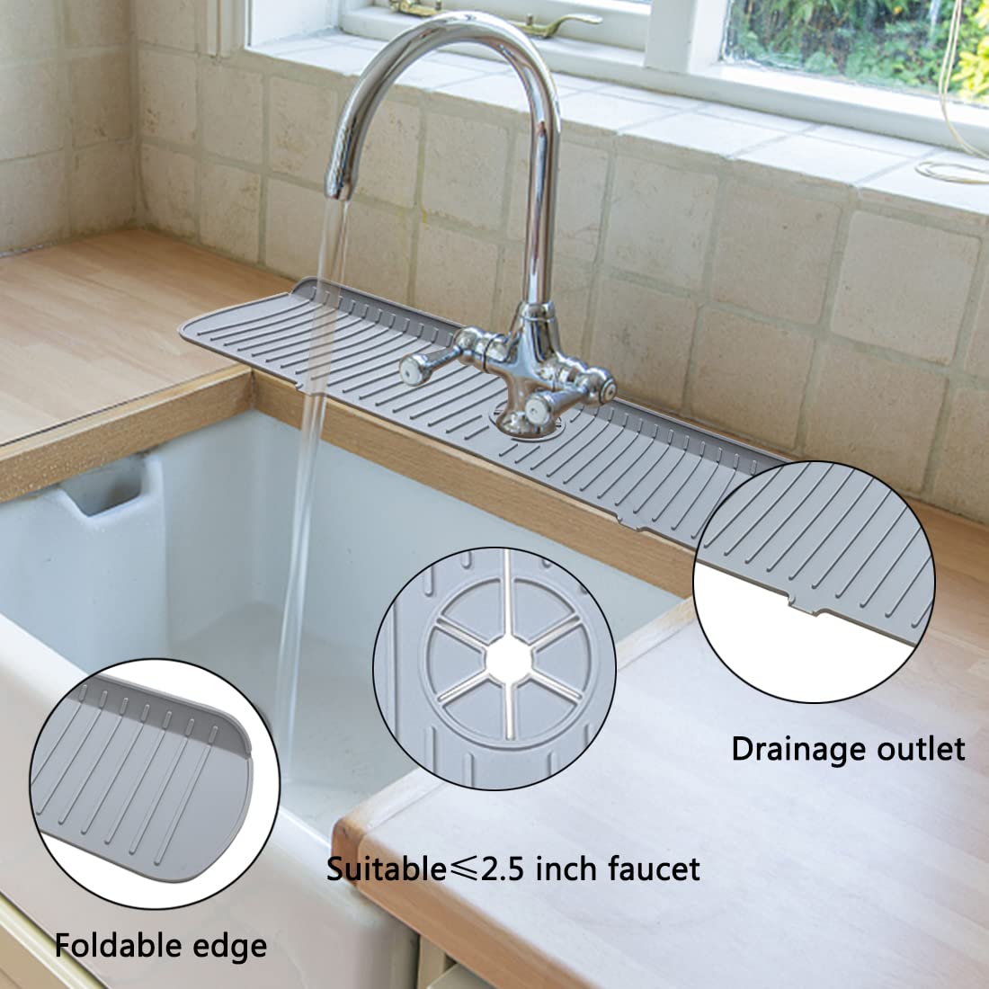 Kitchen Sink Splash Guard,24'' Silicone Faucet Handle Drip Catcher Tray Mat, Large Silicone Faucet Mat, Sink Protectors For Kitc