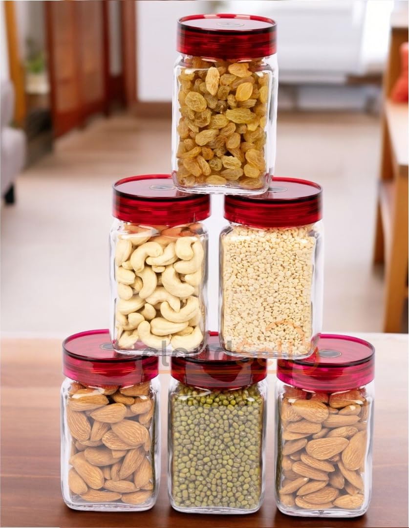 Zeyfleeb Kitchen Storage Jars 300Ml Glass Food Storage Containers With Airtight Plastic Lid Square Kitchen Dispenser For Spice, 