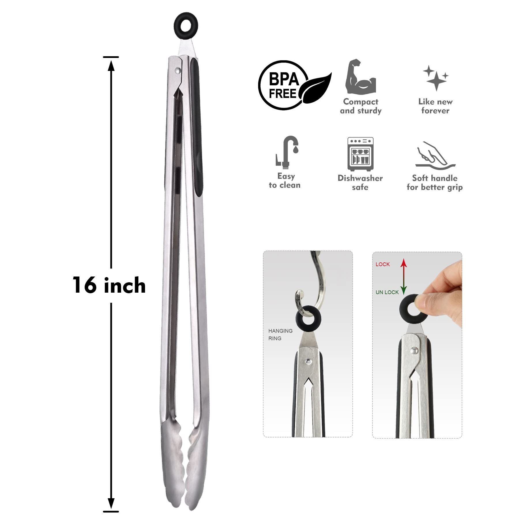 Hotec Stainless Steel Kitchen Large Tongs For Grilling -16 Inch Extra Long Grill Tongs Barbecue Bbqlocking Metal Food Tongs Non-