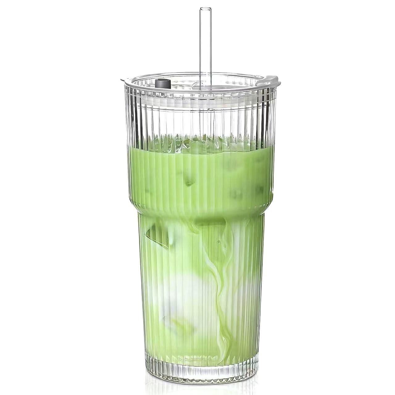 MINGHYZYA 20 oz Glass Tumblers, Iced Coffee Cups with Lids and Glass Straws, Thickened Wall Ribbed Glass Cups, Ideal for Smoothi