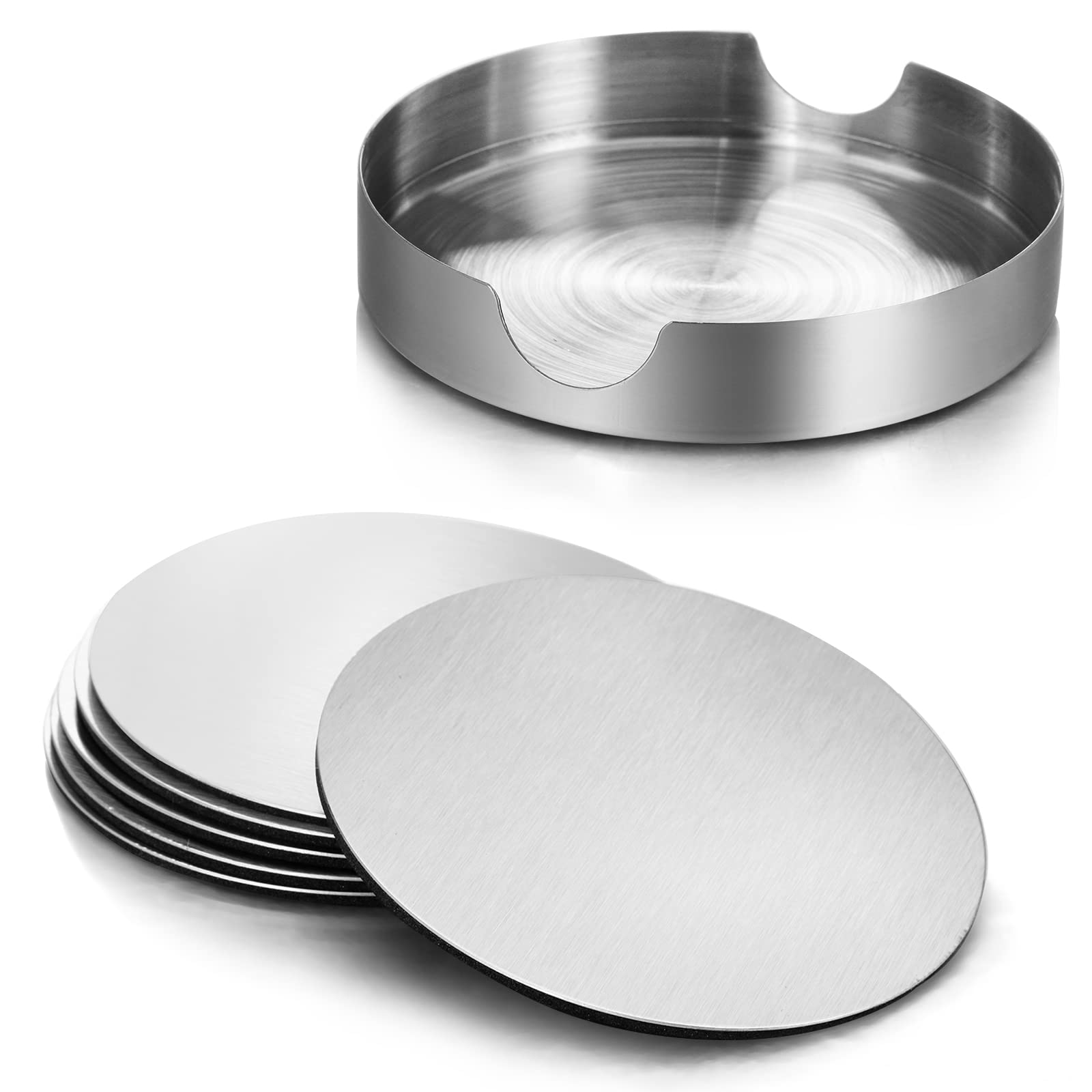 Hiceeden 18 Pack 4 Inch Stainless Steel Coasters, Round Silver Modern Coasters With 3 Holder, Rubber Foam Anti-Slip Bottom Coast