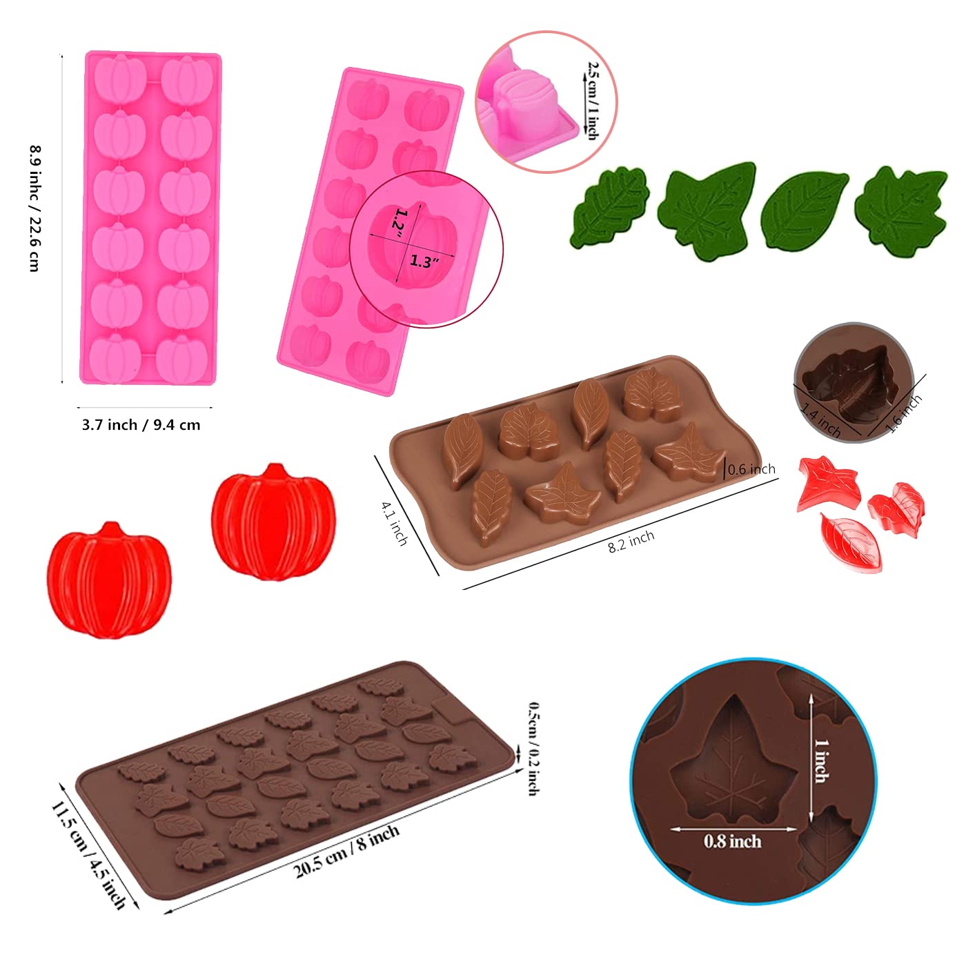 Sagooits 4 Pieces Fall 3D Mini Pumpkin Maple Leaves Shapes Silicone Molds, 12 Shapes Maple Leaf Pumpkin Mold Tray For Halloween