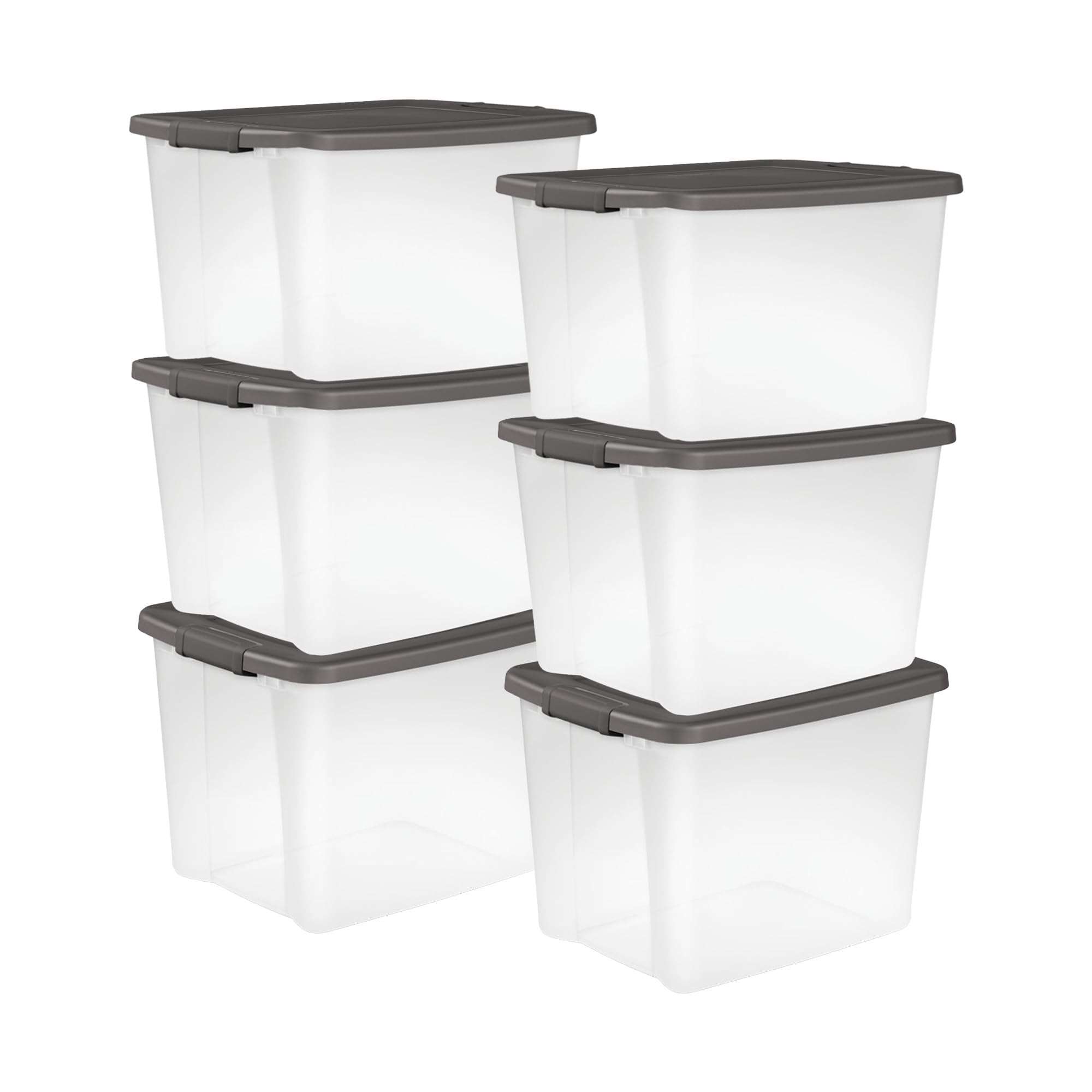 Sterilite 50 Qt ShelfTote  Stackable Storage Bin with Latching Lid  Plastic Container to Organize Closet Shelves  Clear Base and Gray Lid  6-Pack