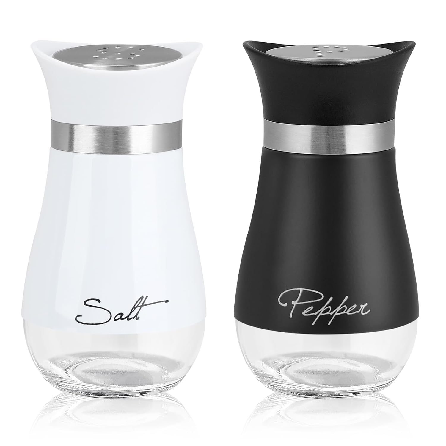 Salt And Pepper Shaker Set, Glass Body With Stainless Steel Lid, Black And White, 2 Pieces