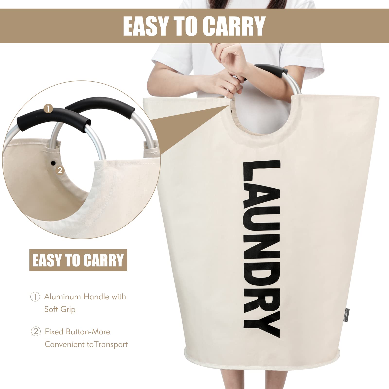 Dokehom 90L Large Laundry Basket, Collapsible Laundry Bag, Freestanding Tall Clothes Hamper, Foldable Washing Bin (Beige)