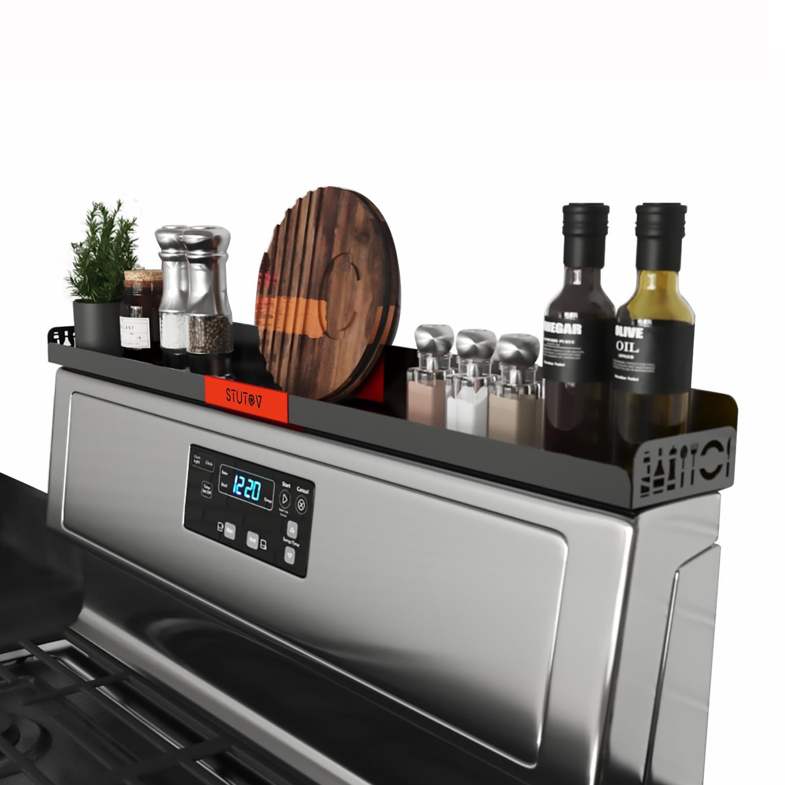 STUTOV 30 Magnetic Stove Top Shelf - Black Spice Rack with Red Logo and Seasoning Organizer - Kitchen Shelf for Back of Stove - 