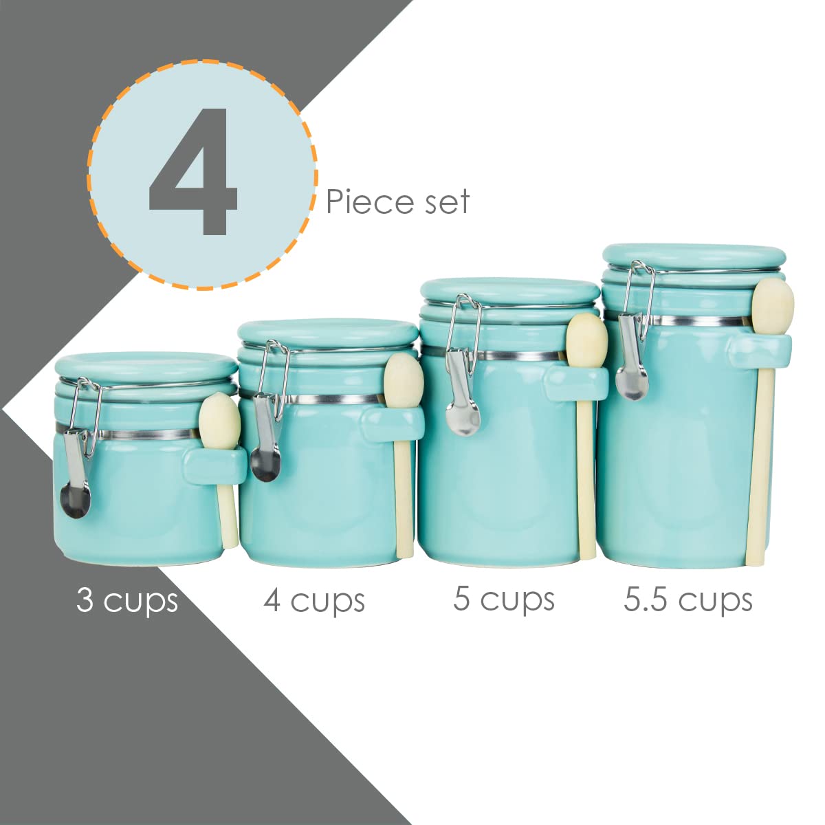 Canister Sets For The Kitchen (4 Piece) Turquoise, High Gloss Ceramic | By Home Basics | Decorative Set | With Wooden Spoons, Co