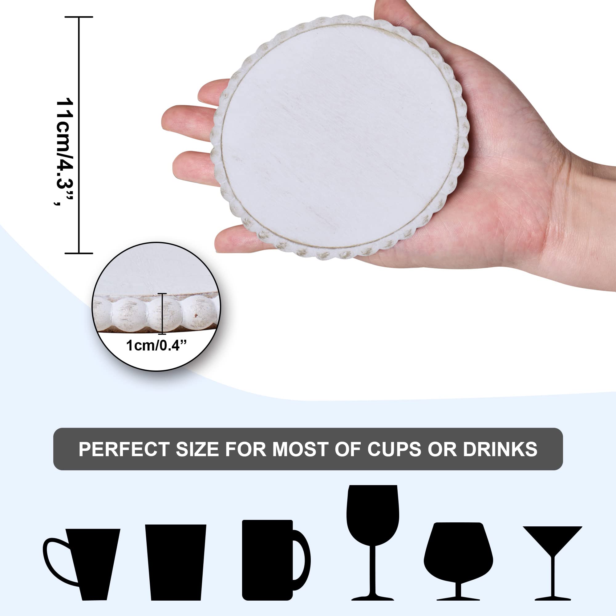 Genmous 6 Pack Farmhouse Wooden Bead Coasters With Metal Holder For Coffee Table Decor, Round Handmade Cup Coasters Set For Drin