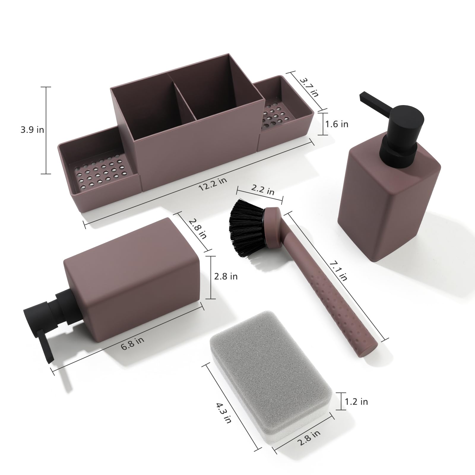 Kitchen Soap Dispenser With Sponge Holder Set For Sink Caddy, Hand Soap And Dish Soap Dispenser With Brush (Brown)