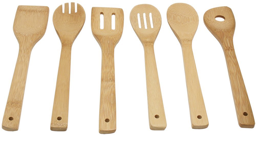 Oliva Italiana 7 Pc. Bamboo Kitchen Utensil Set W Holder, Eco-Friendly, 100% Organic Bamboo, Wooden Utensils, With Ergonomic Han