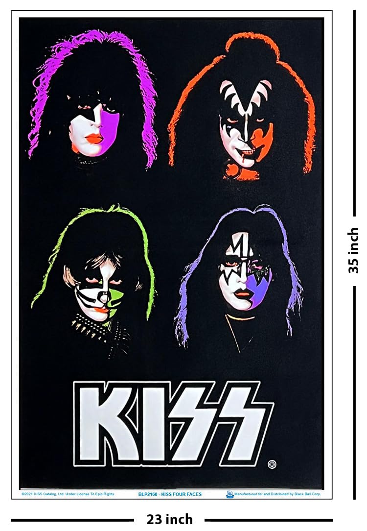 Kiss - Four Faces - Officially Licensed, Authentic Blacklight Flocked Poster - 23'' X 35''