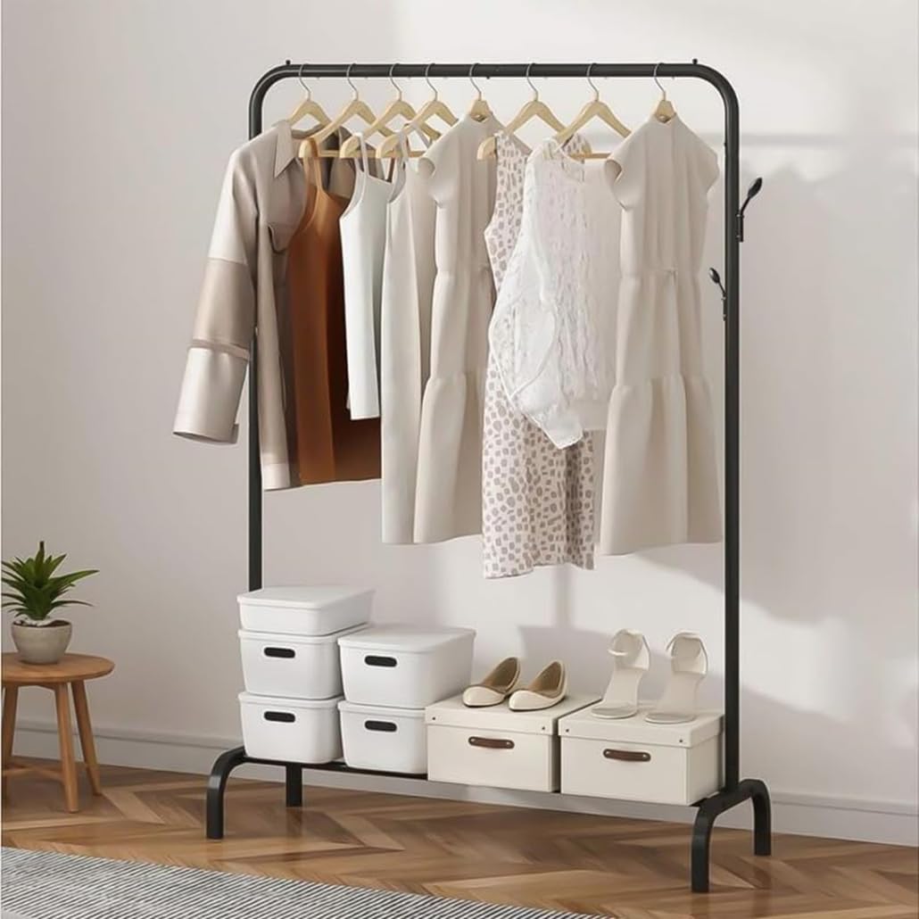Lukzer Versatile Cloth Stand: Freestanding Metal Garment Rack With Bottom Shelves And Coat Hanger  Perfect Storage Organizer (Bl