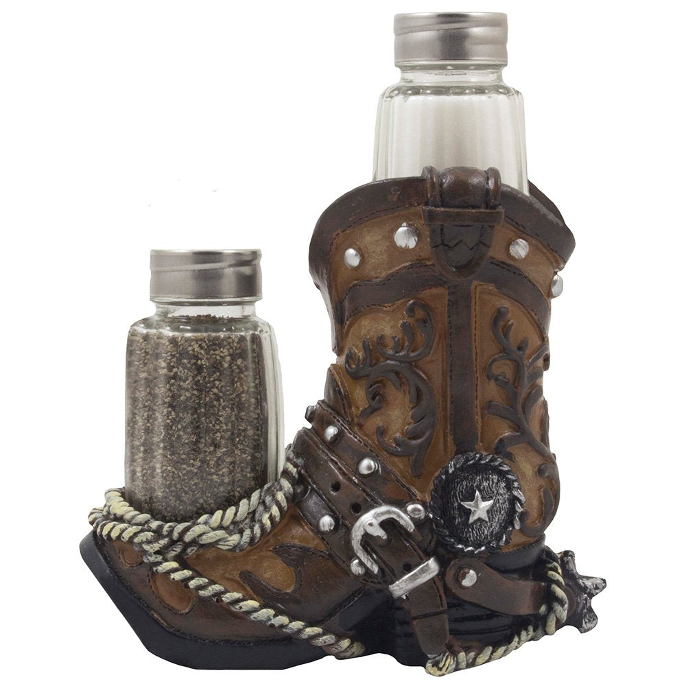 Fancy Cowboy Boot Salt And Pepper Shaker Set Or Decorative Display Stand Figurine With Spur & Texas Star For Country Western Kit