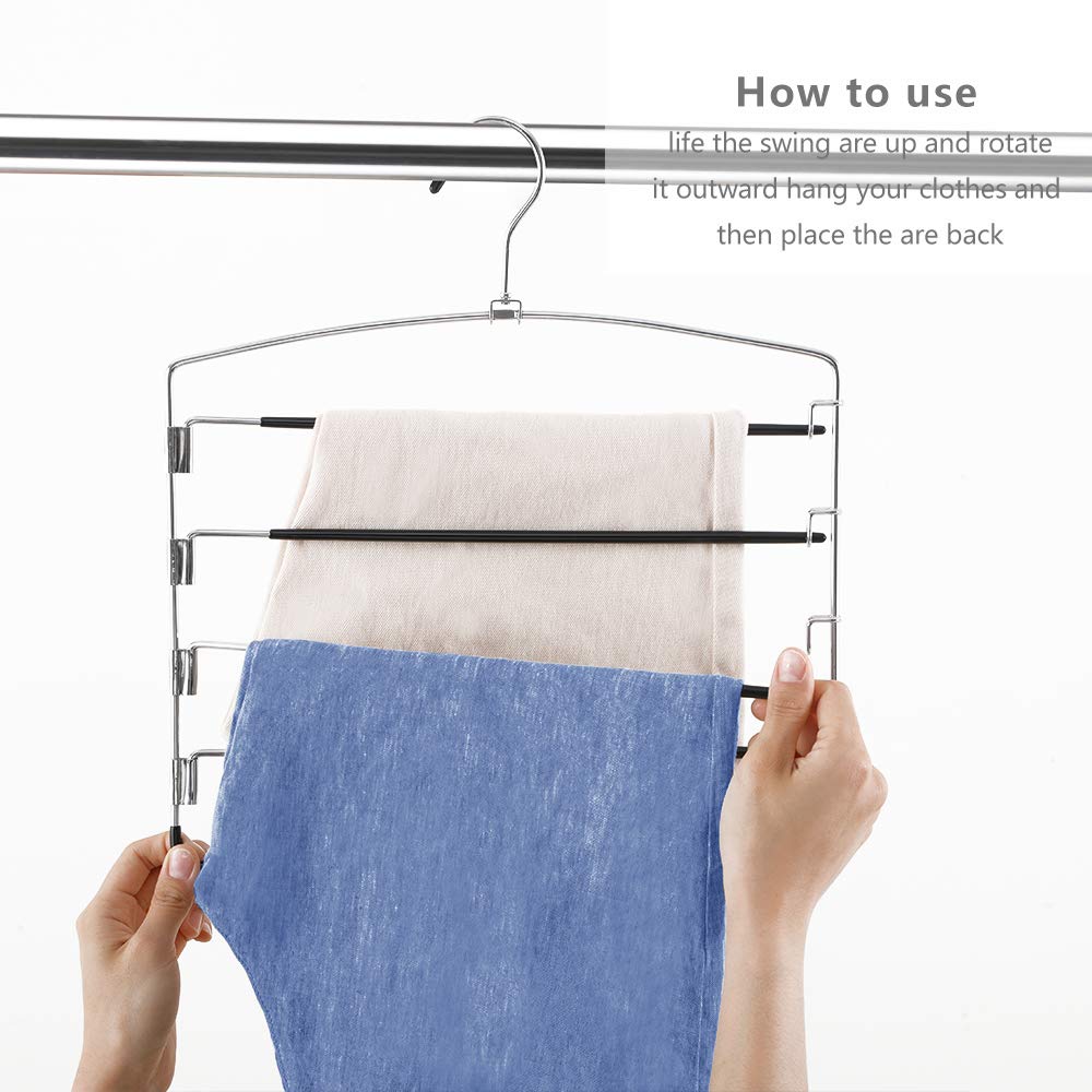 Feerahozer Pants Hangers Non Slip 6 Pack Space Saving Hangers Multi-Layer Swing Arm Pants Hanger Stainless Steel Space Saver Han
