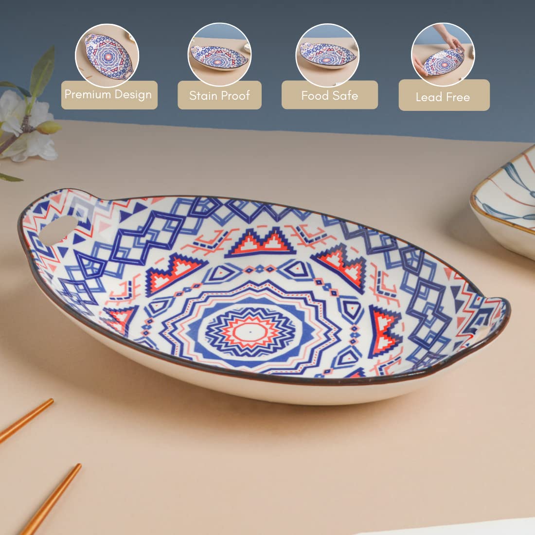 Nestasia Blue & Red Mandala Ceramic Long Dish with Handles for Serving Snacks, Appetizers, Salads, and Noodles| Microwave Safe,