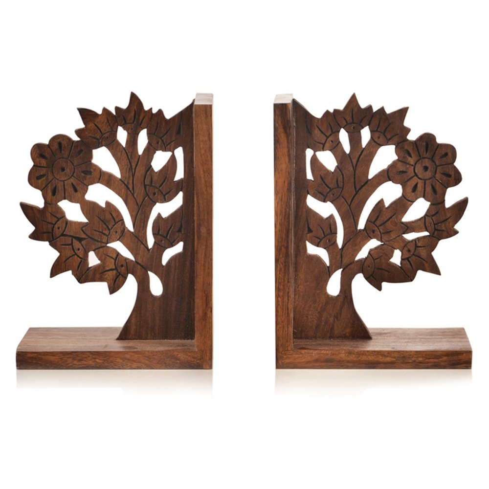 Exclusivelane Engraved Tree Handcrafted Wooden Book Ends For Shelf (Sheesham Wood) | Bookends For Heavy Books Shelf For Home B