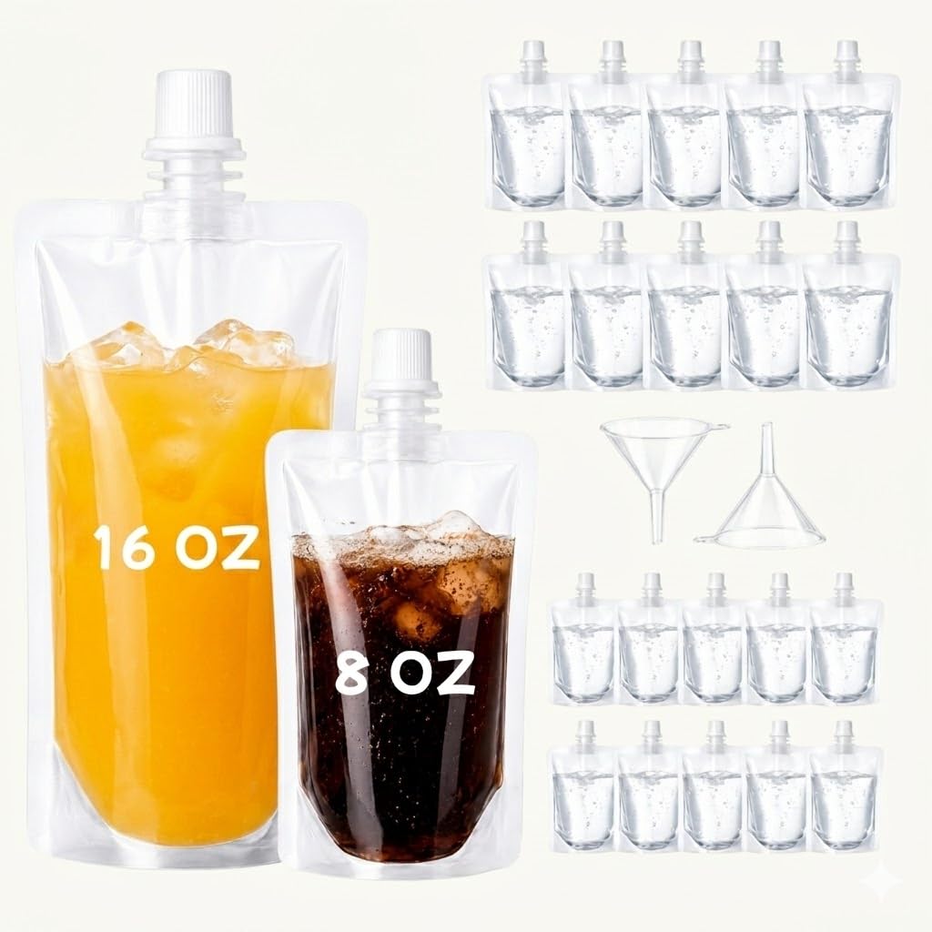 JueLanvie 20 Pcs Plastic Flasks, 8 & 16 Oz Drink Pouches, Cruise & Festival