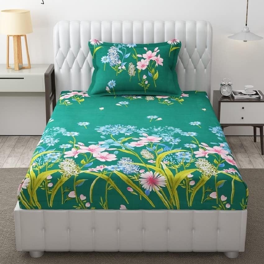 Kawi Single Bedsheet Elastic Fitted 72X48X6 Inches Glace Cotton With 1 Pillow Cover (72X 48Xup To 8 Inche Mattress) Green Colour