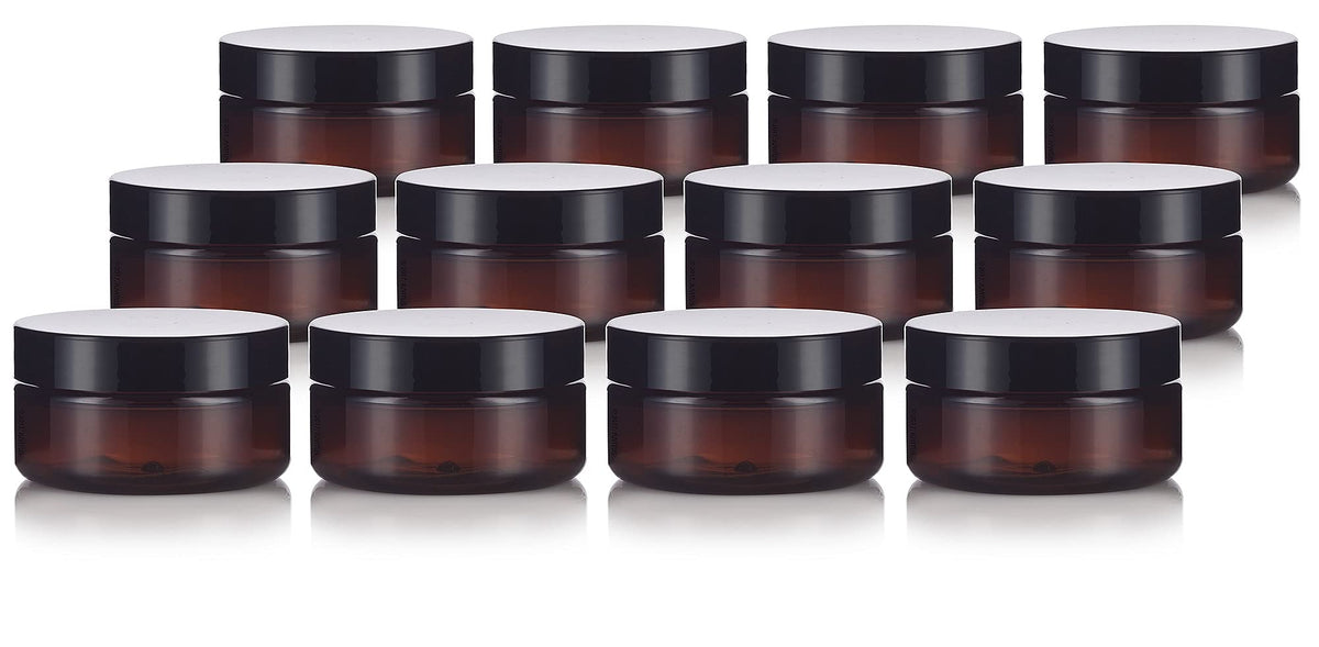 2 Oz Amber Pet Plastic Refillable Low Profile Jar With Black Smooth Lid (12 Pack)