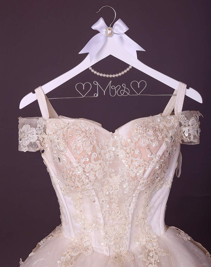 Huidian White Solid Wood Bridal Dress Hanger With Lady Wire Lettering For Bridal Wedding Party Gift (Silver Thread And Pearl Cha