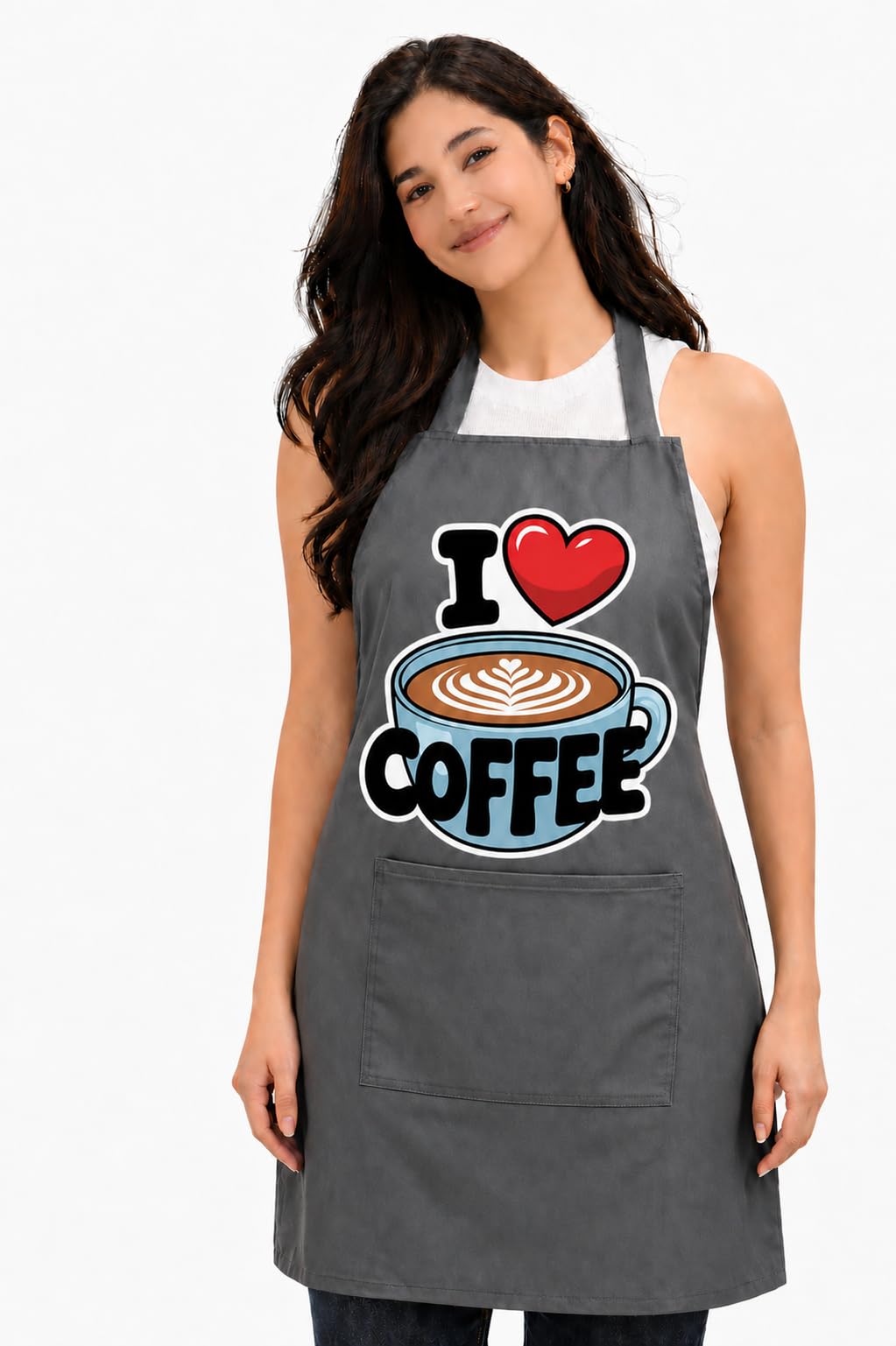 Safeeno I Love Coffee Printed Kitchen Apron, Graphic Design, Unisex Cooking Apron With Pocket (Grey)