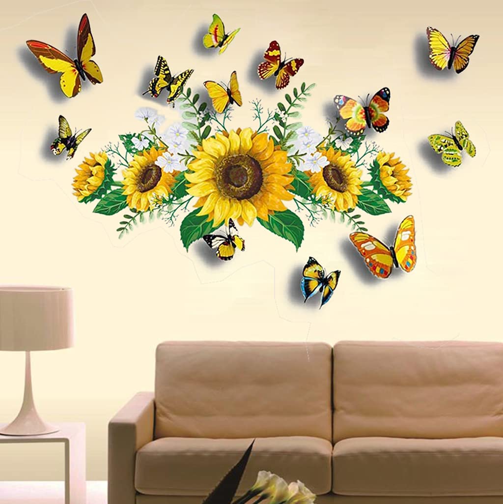 Sunflower Wall Stickers With 3D Butterfly Wall Sticker, Yellow Flowers Wall Decal,Sprt Waterproof And Removable, Sunflower Wall
