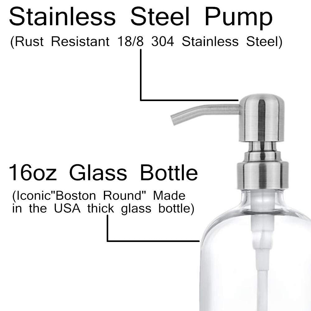 2 Pack Thick Clear Glass Pint Jar Soap Dispenser With Silver Stainless Steel Pump, 16Ounce Clear Boston Round Bottles Dispenser