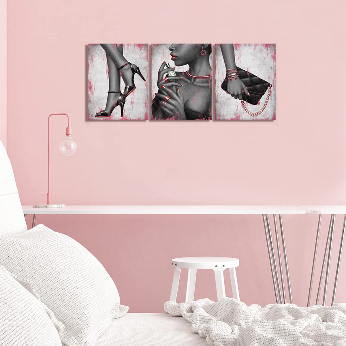 Visual Art Decor Fashion Elegant African American Black Woman Canvas Wall Art Gold Rose Pink High Heel Shoes Necklace Perfume Ha