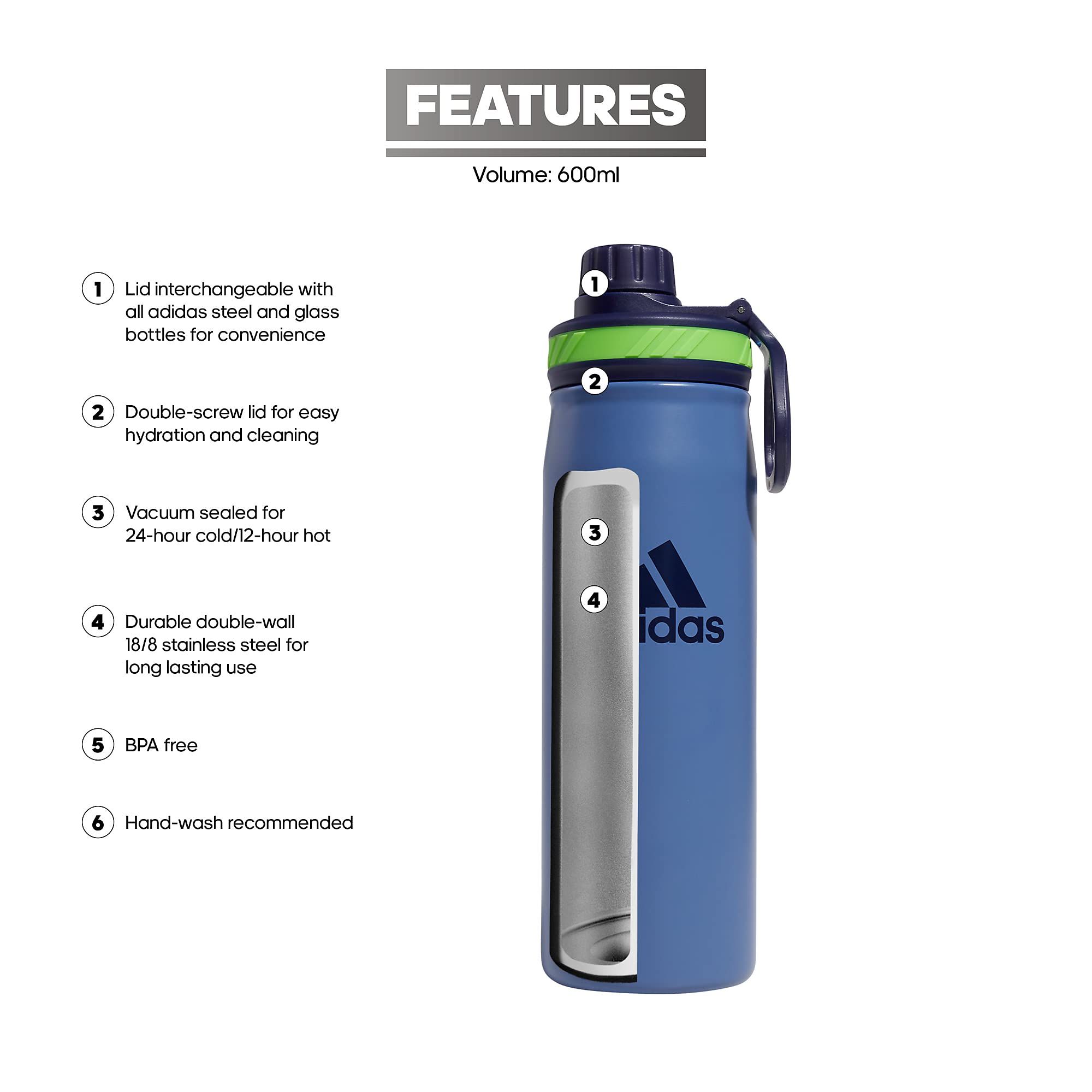 Adidas 600 Ml (20 Oz) Metal Water Bottle, Hot/Cold Double-Walled Insulated 18/8 Stainless Steel, Icon Brand Love Black/Black/Whi