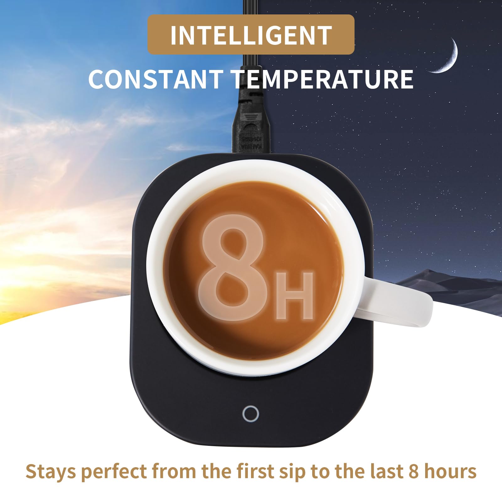Mug Warmer With 4-Hour Auto Shut Off, 3 Temperature Settings, Frosted Black Rectangular Electric Beverage Heater, Borosilicate G