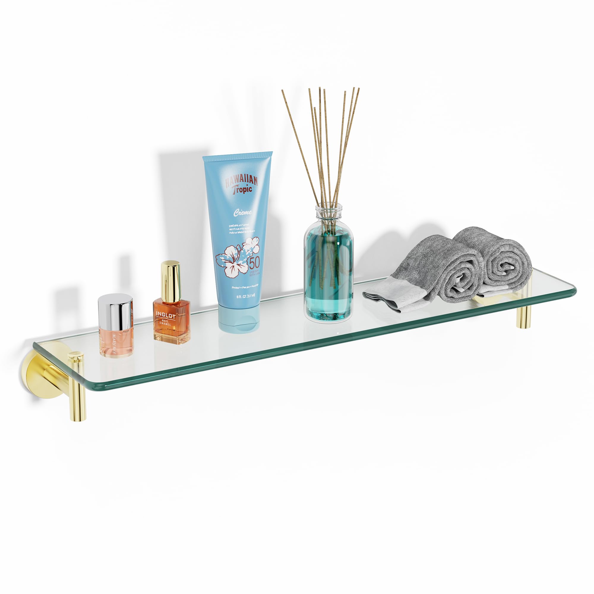 KOCOK Glass Shelf for Bathroom,19.6-Inch Brushed Gold Glass Bathroom Shelf Stainless Steel Tempered Glass Shelf Modern Wall Moun