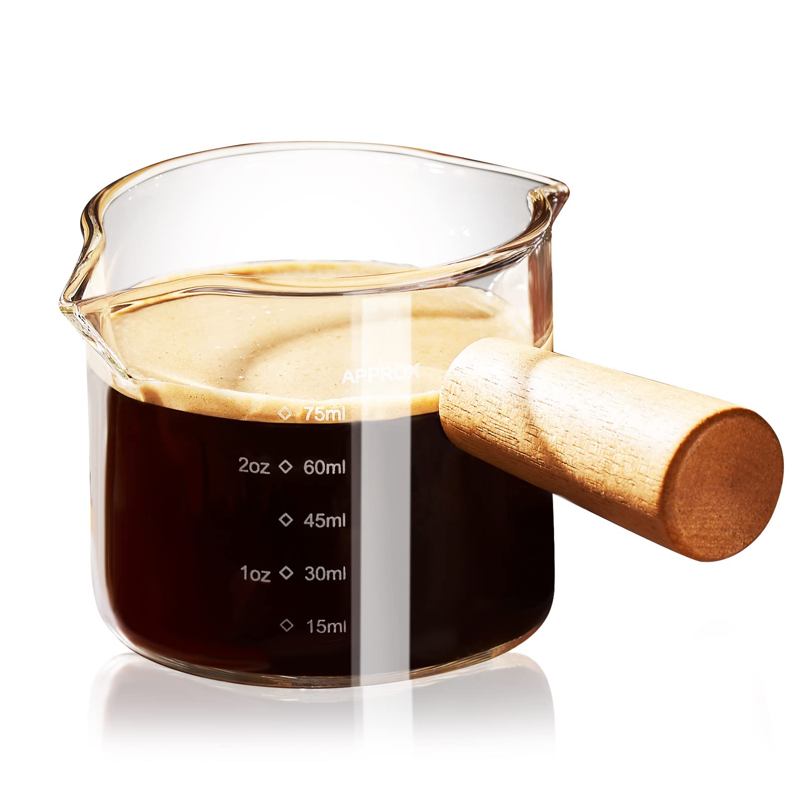 Paracity Espresso Cups With Wood Handle, Double Spout Glass Measuring Cup With Dual Scale, Espresso Shot Glass With V-Shaped Mou