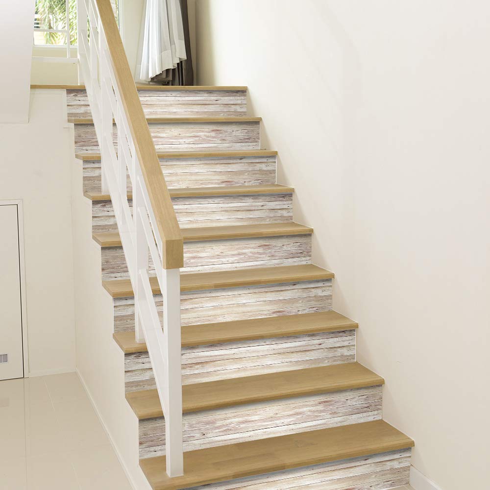 Funlife 13Pcs Self-Adhesive Stair Stickers, Peel And Stick Staircase Decal, 39.37''X7.09'' Rustic Pattern