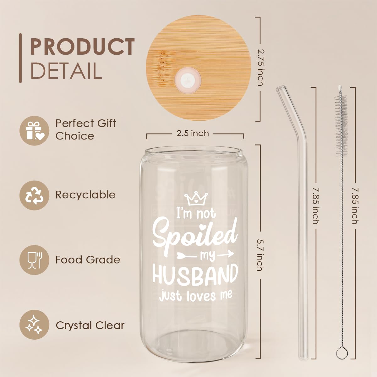 Wife 16 Oz Can Glass Tumbler with Bamboo Lid and Straw - Iced Coffee Cups for Women, Aesthetic Glass Cup Gift for Birthday Chris