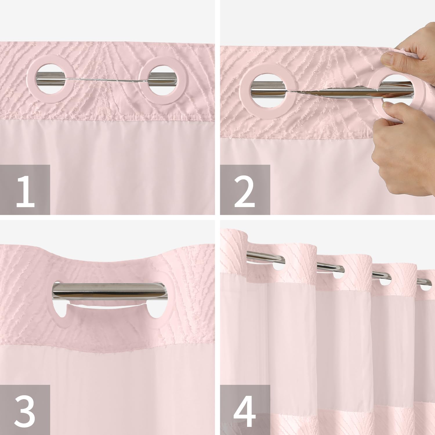 Eachope No Hook Shower Curtain And Liner Set,Boho Style With See Through Top Window, Pink Fabric Tufted Striped Textured Outer C