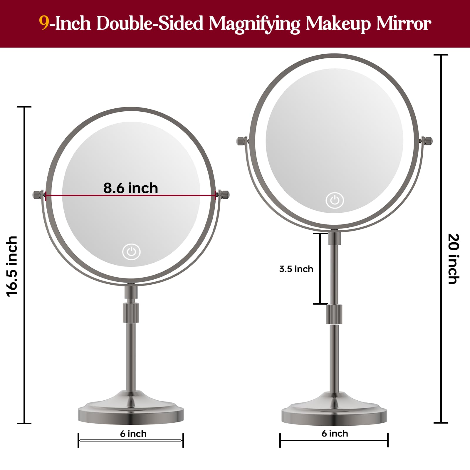 Mumianshu 9'' Makeup Mirror With Lights And Magnification 10X/1X, 360 Swivel Double Sided 5000 Mah Rechargeable Vanity Desktop M
