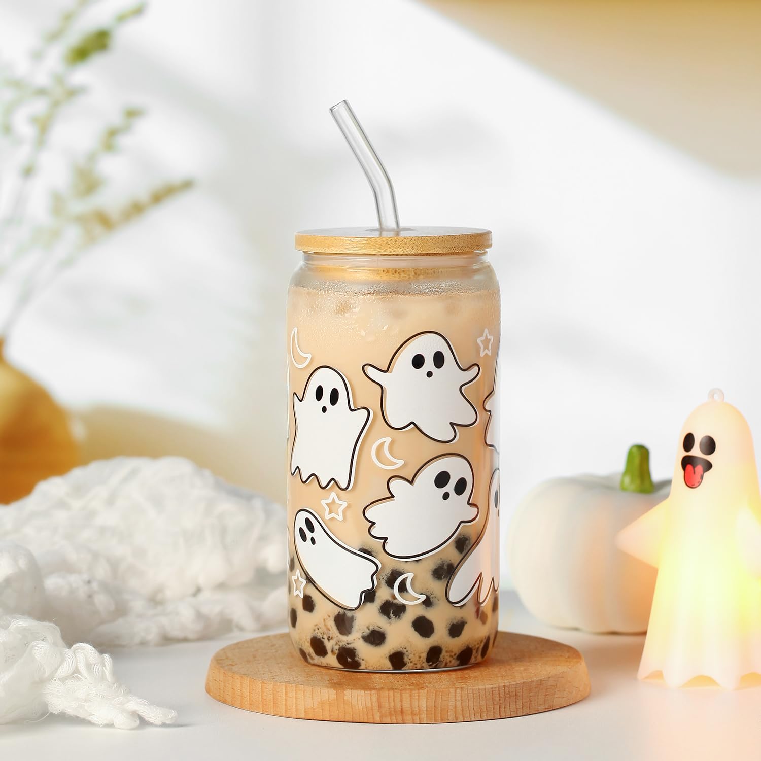 KMCCUMBER Halloween Ghost Fall Glass Cup with Lids and Straws, 16 oz Ghost Fall Mug, Iced Coffee Glass Tumbler, Spooky Glass Cup